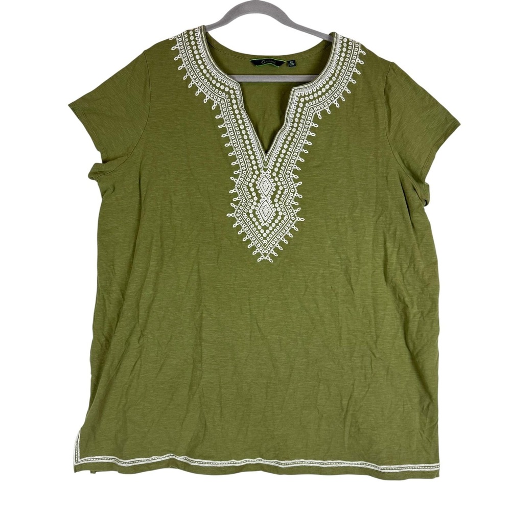 C Wonder Shirt Womens 2X Green Embroidered V Neck Tunic Short Sleeve Plus Size